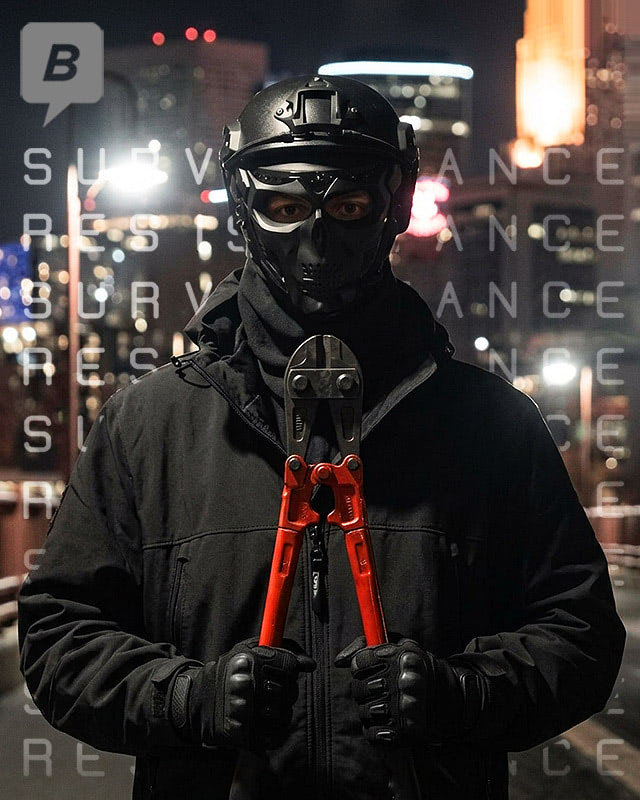 NoMark masked Flock activism - AI Surveillance vs. Streetwear Fashion