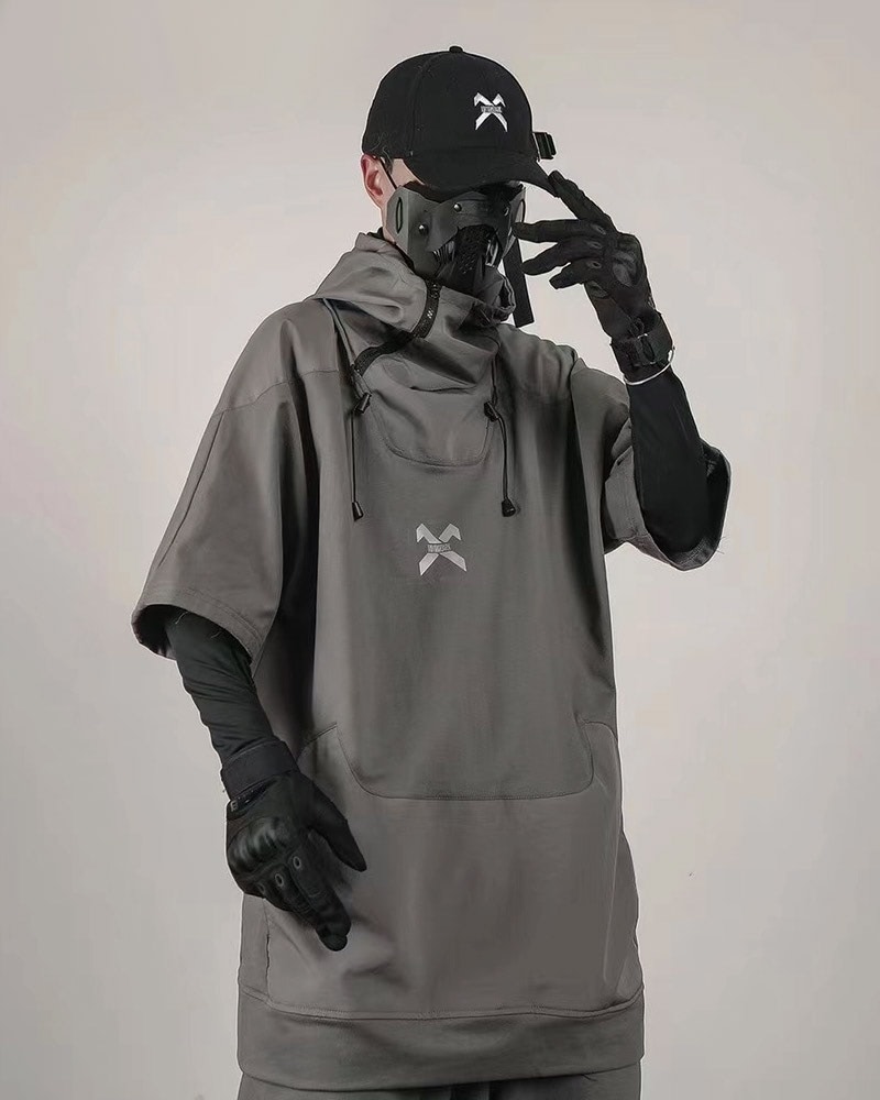 Techwear Short Sleeves Hoodie - Cyberpunk Techwear Zip Collar Short ...